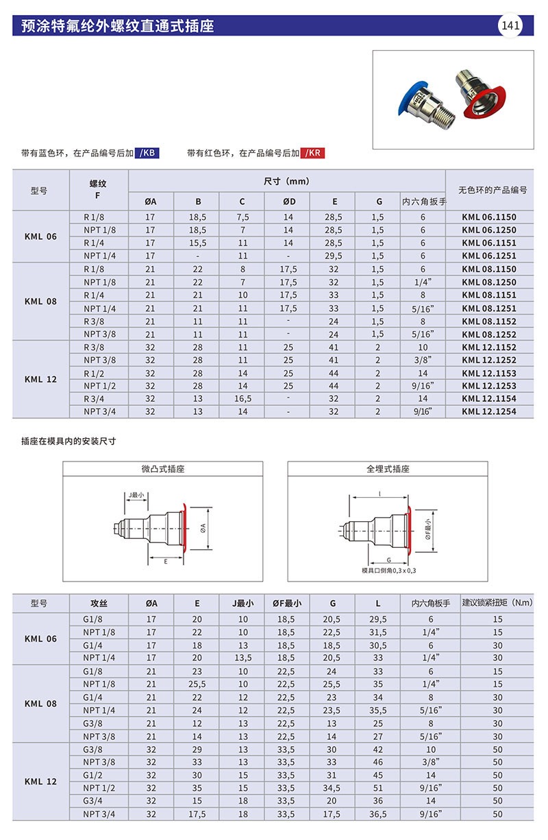 预涂特氟纶外螺纹直通式插座